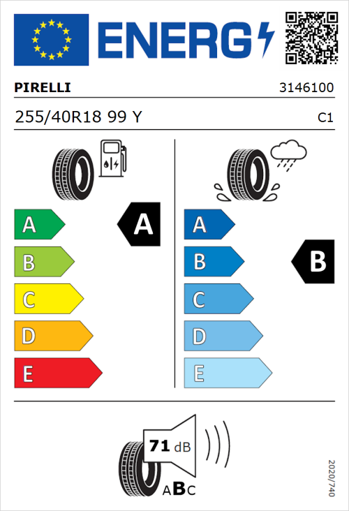 Tyre Label for Pirelli Cinturato P7 255/40R18 99Y