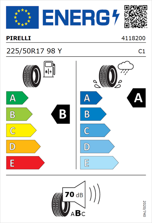Tyre Label for Pirelli Cinturato P7 225/50R17 98Y