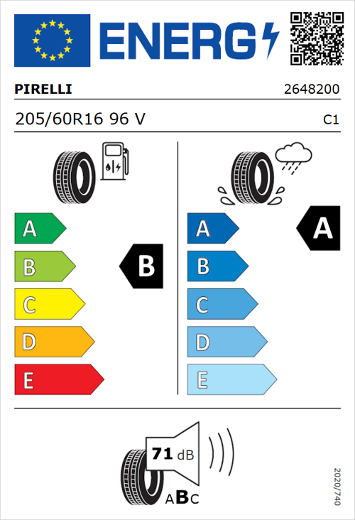 Tyre Label for Pirelli Cinturato P7 205/60R16 96V